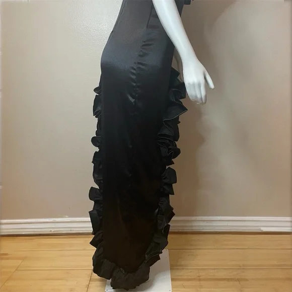 Black satin deep V-neck high low ruffle dress - Picture 8 of 13